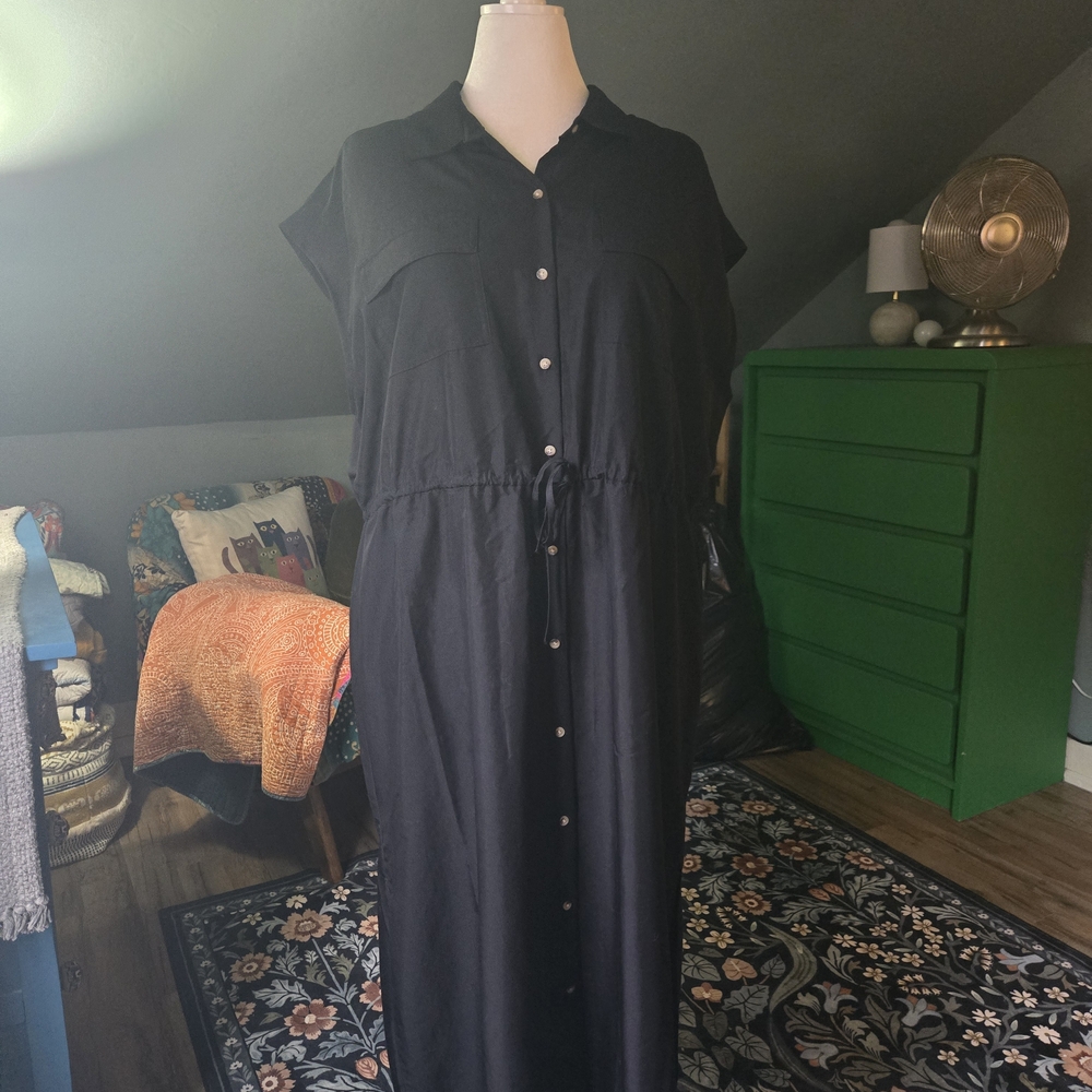 Old Navy Black Button-Front Maxi Dress with Drawstring Waist